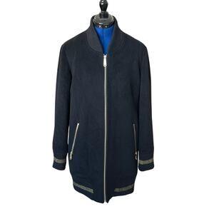 Sam Edelman Long Black Bomber Jacket Womens Size M Wool Blend Gold Accents Indie